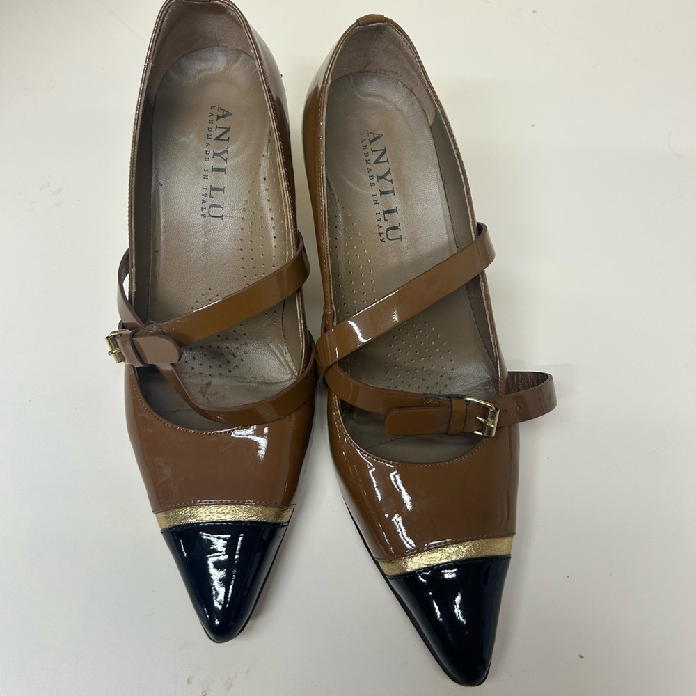 Anyi Lu Brown and Black Patent Flats with Gold Trim